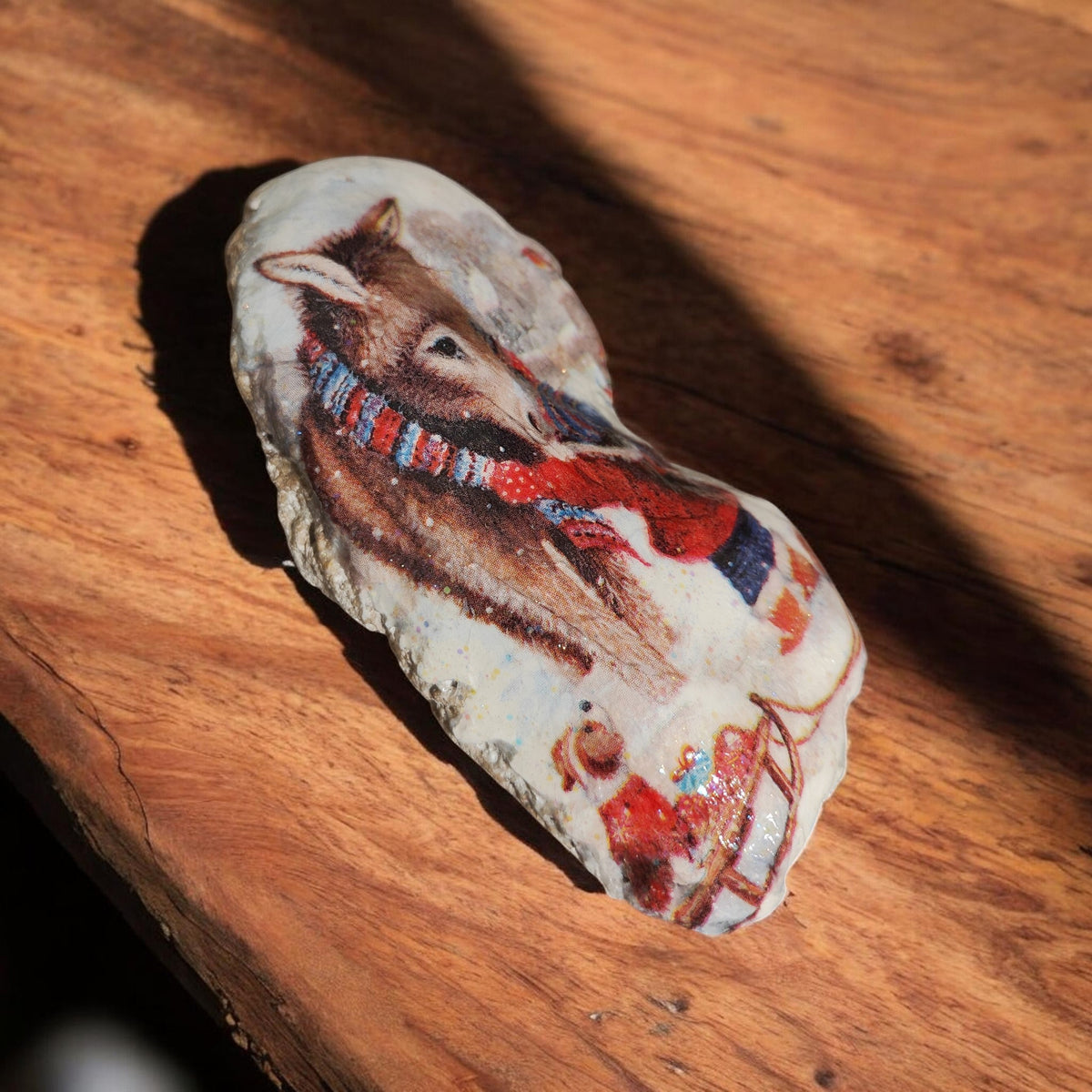 Christmas Donkey & Sleigh Decorative Shell | Hand-Decorated Holiday Keepsake