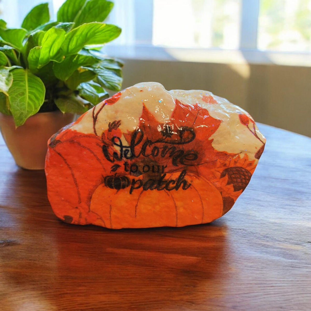 Welcome to Our Patch" Painted Pumpkin Stone | Autumn Harvest Decor