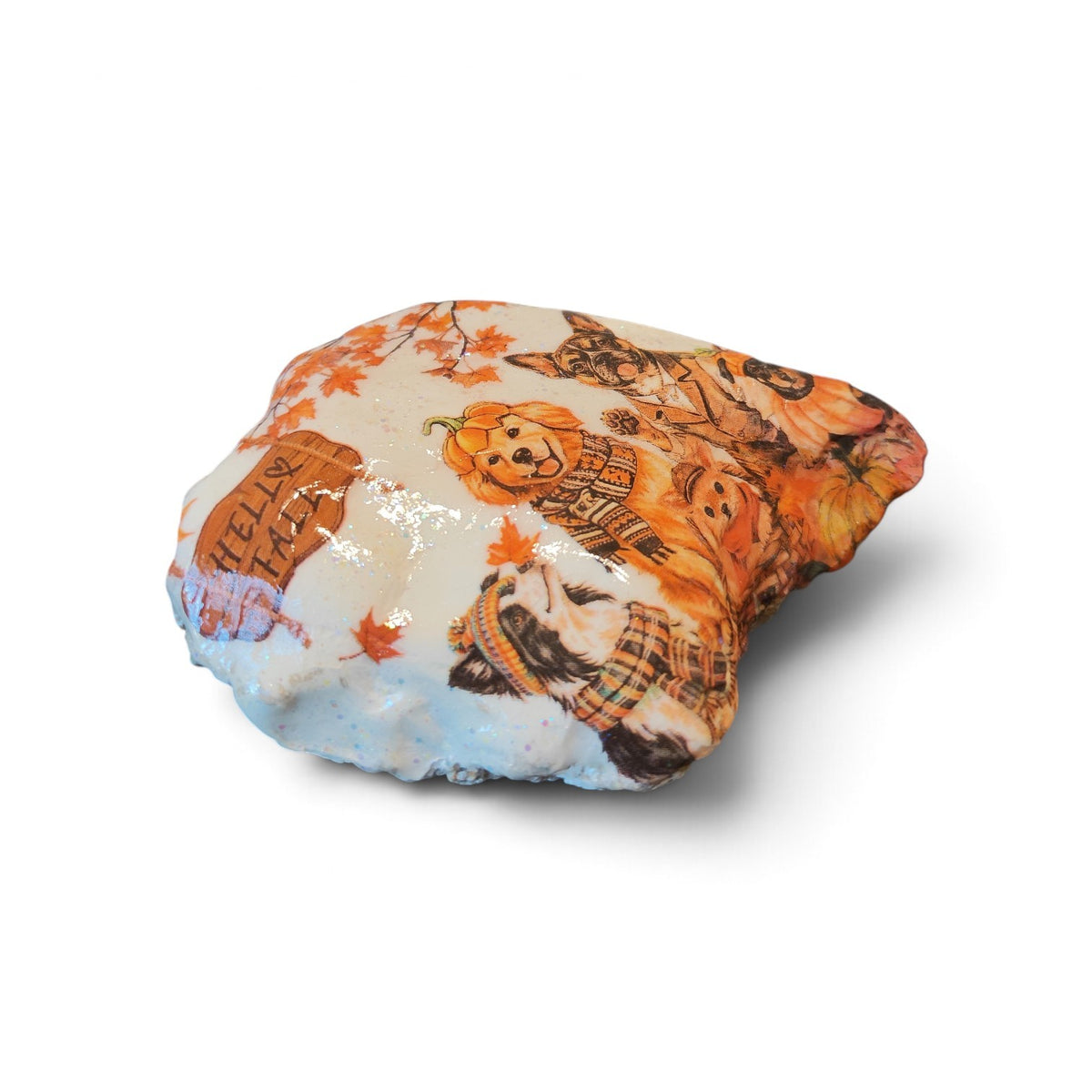 "Hello Fall" Hand-Decorated Shell | Autumn Pups & Pumpkins Decor