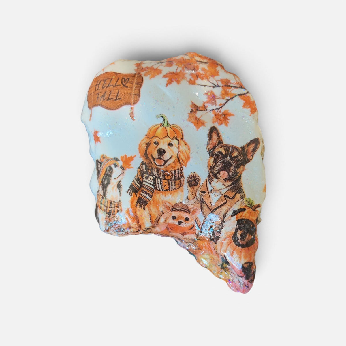 "Hello Fall" Hand-Decorated Shell | Autumn Pups & Pumpkins Decor
