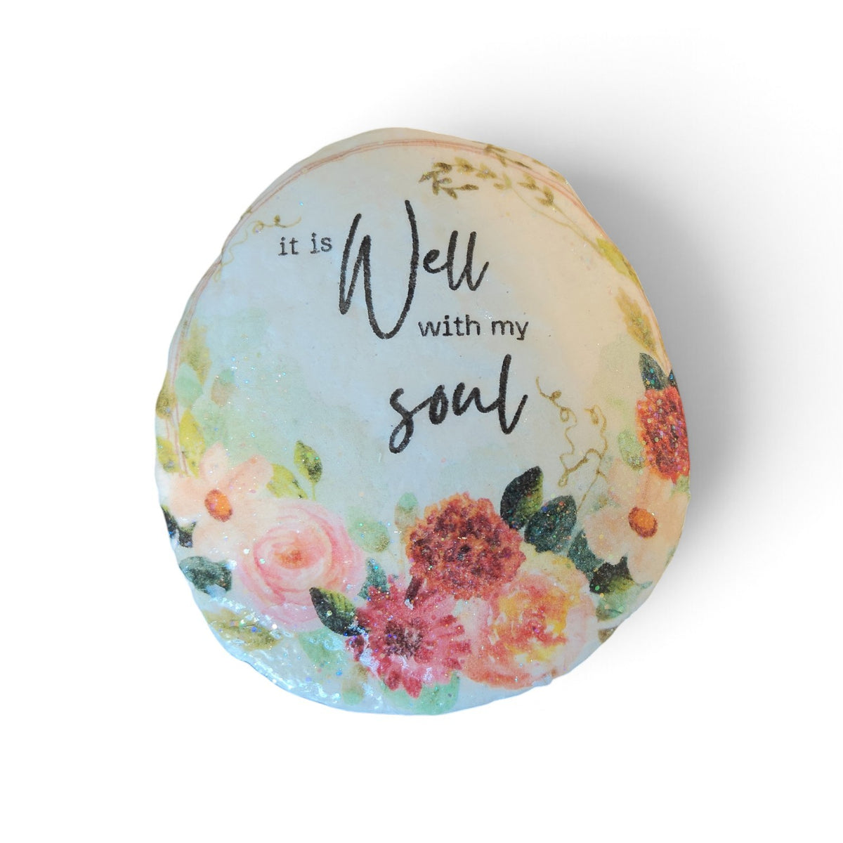 "It Is Well With My Soul" Floral New River Stone | Decoupage Art Keepsake