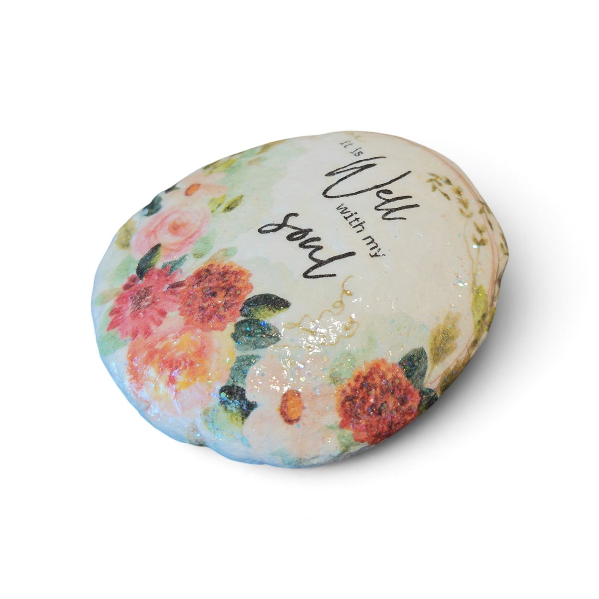 "It Is Well With My Soul" Floral New River Stone | Decoupage Art Keepsake