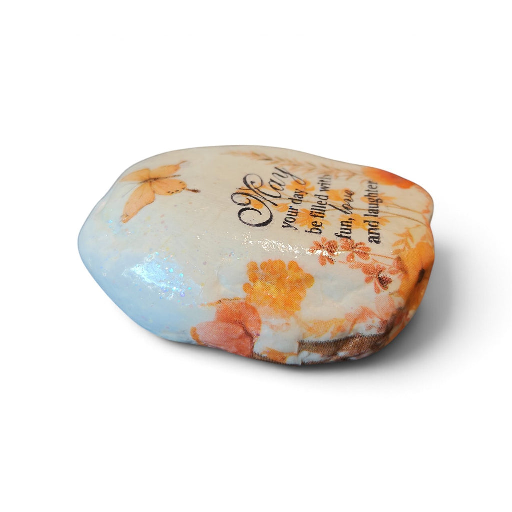"Fun, Love, & Laughter" Butterfly River Stone | Hand-Decorated Floral Art