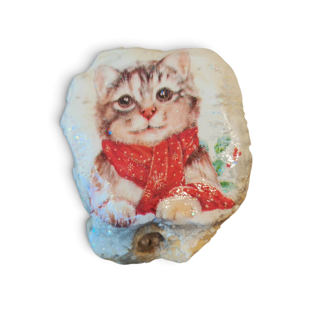 Cozy Cat in Red Scarf Coastal Shell | Hand-Decorated Shell Keepsake