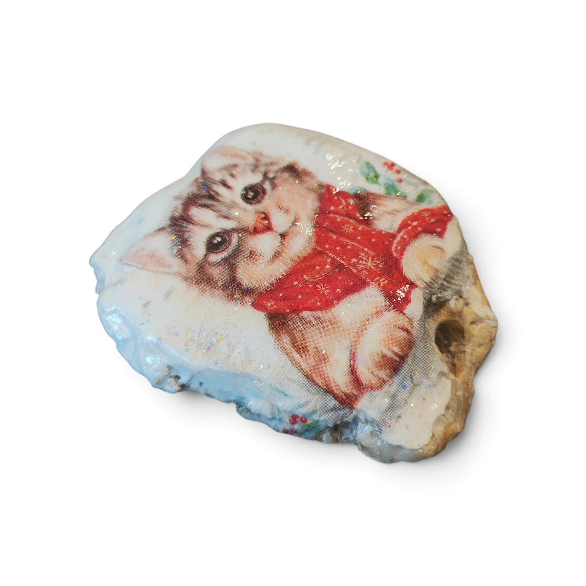 Cozy Cat in Red Scarf Coastal Shell | Hand-Decorated Shell Keepsake