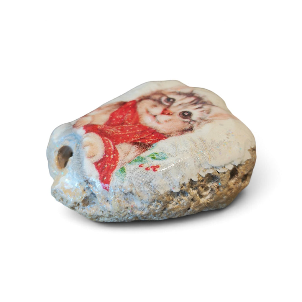 Cozy Cat in Red Scarf Coastal Shell | Hand-Decorated Shell Keepsake