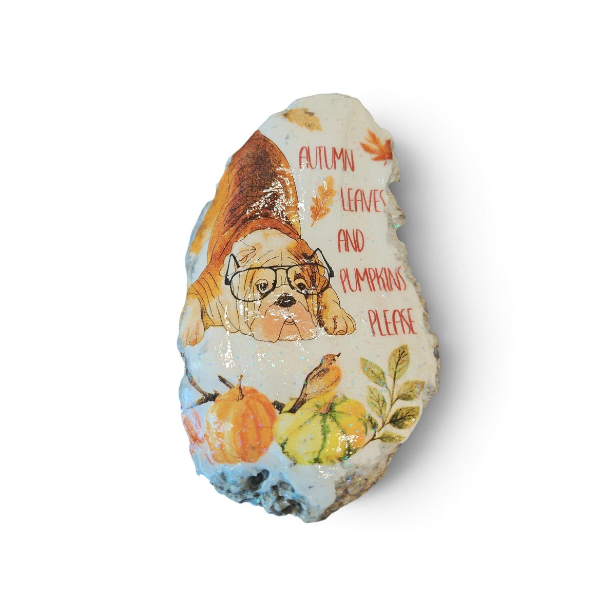 "Autumn Leaves & Pumpkins Please" Dog in Glasses Shell | Fall Coastal Decor