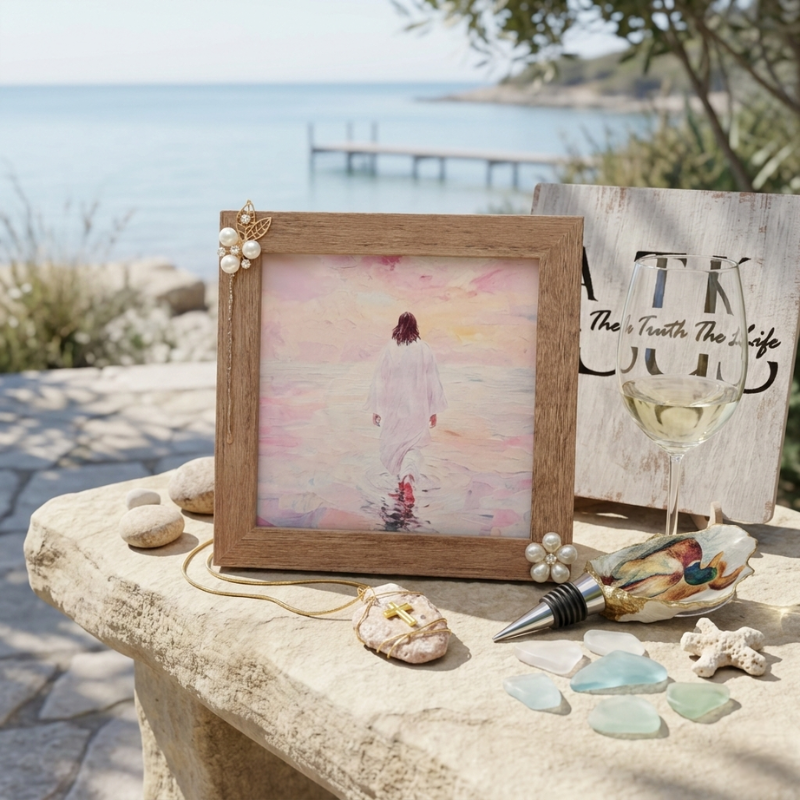 Framed artwork on a stone ledge with a scenic background