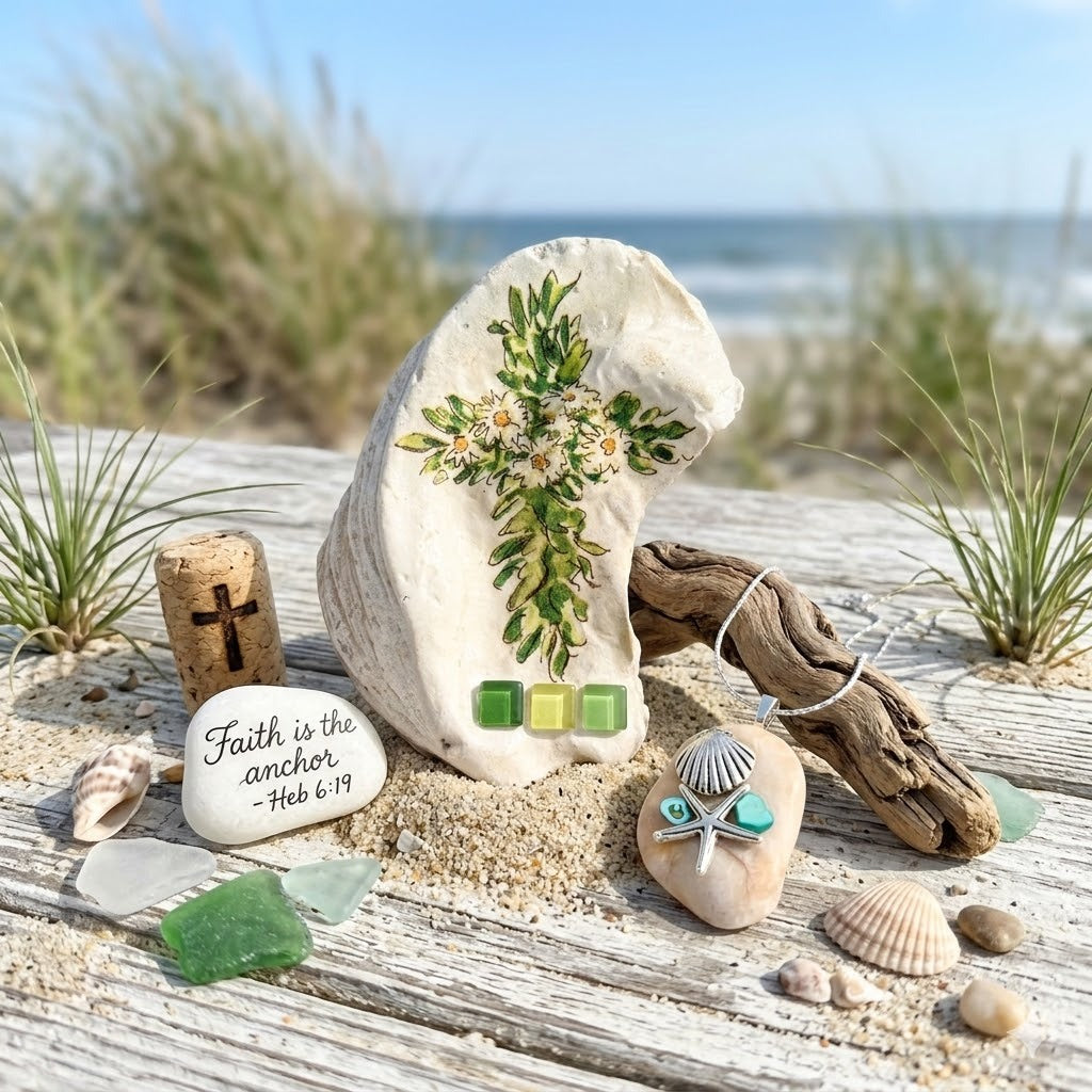 “Hand‑decorated small off‑white shell featuring a green cross accented with cheerful daisies.