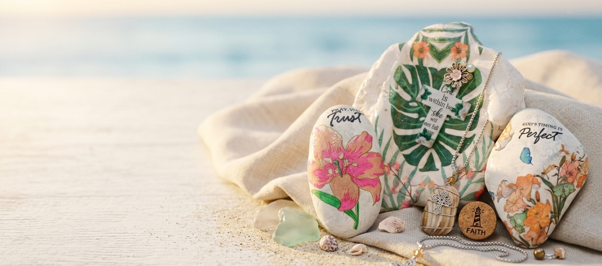 Decorative stones with floral designs and text on a sandy background