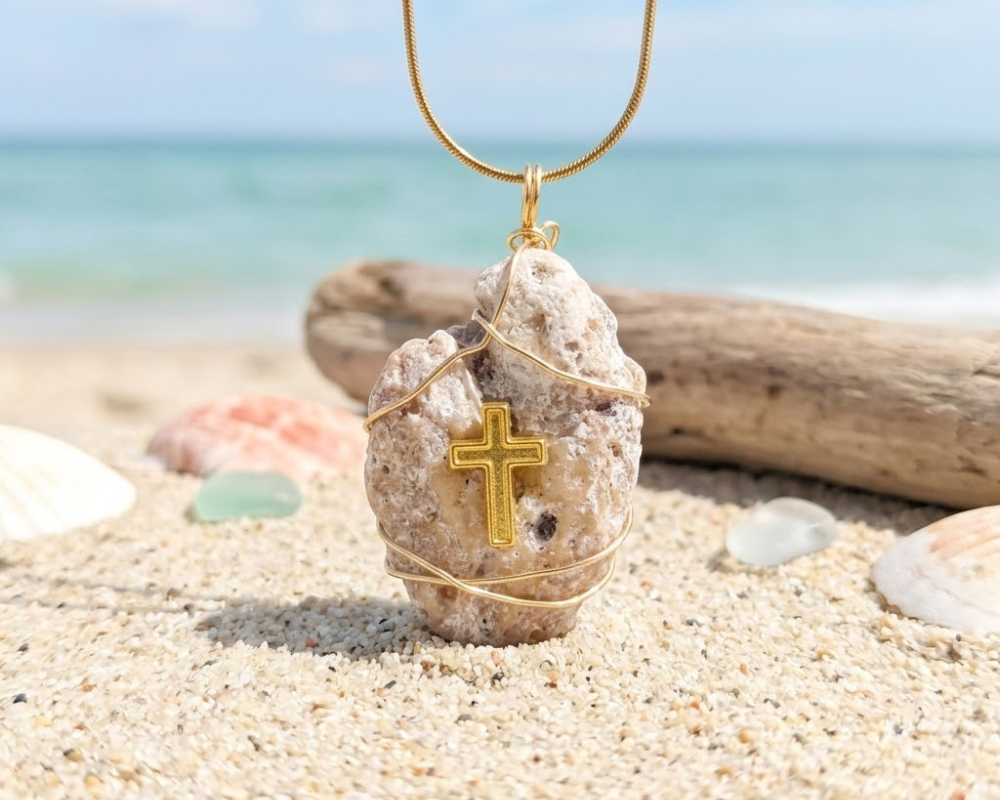 Gold necklace with a cross pendant on a stone by the beach