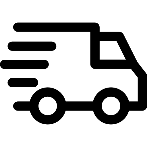 Black silhouette of a delivery truck with speed lines on a white background