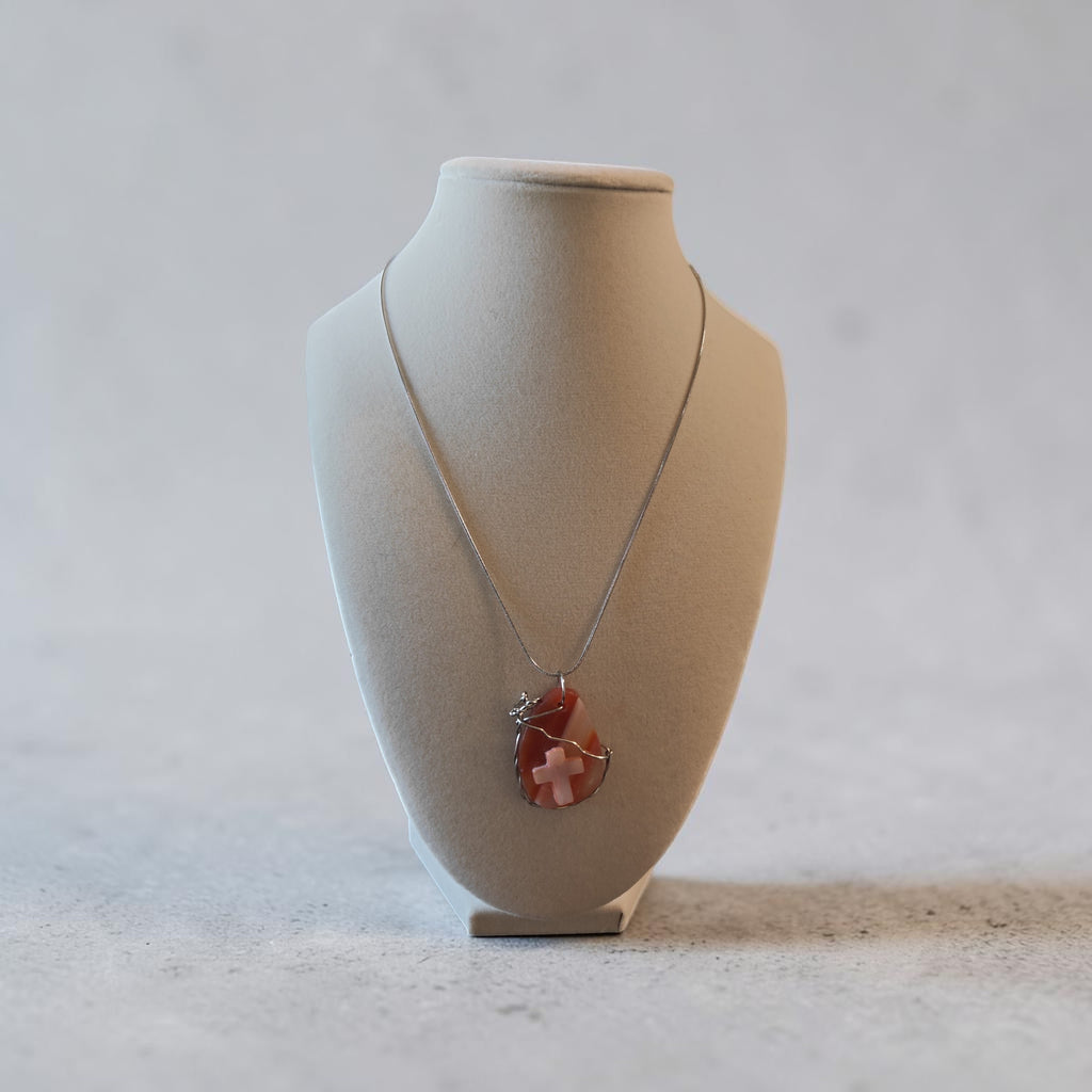 Handcrafted Orange and White Swirl Stone Wire-Wrapped Cross Pendant – 18" Stainless Steel Chain