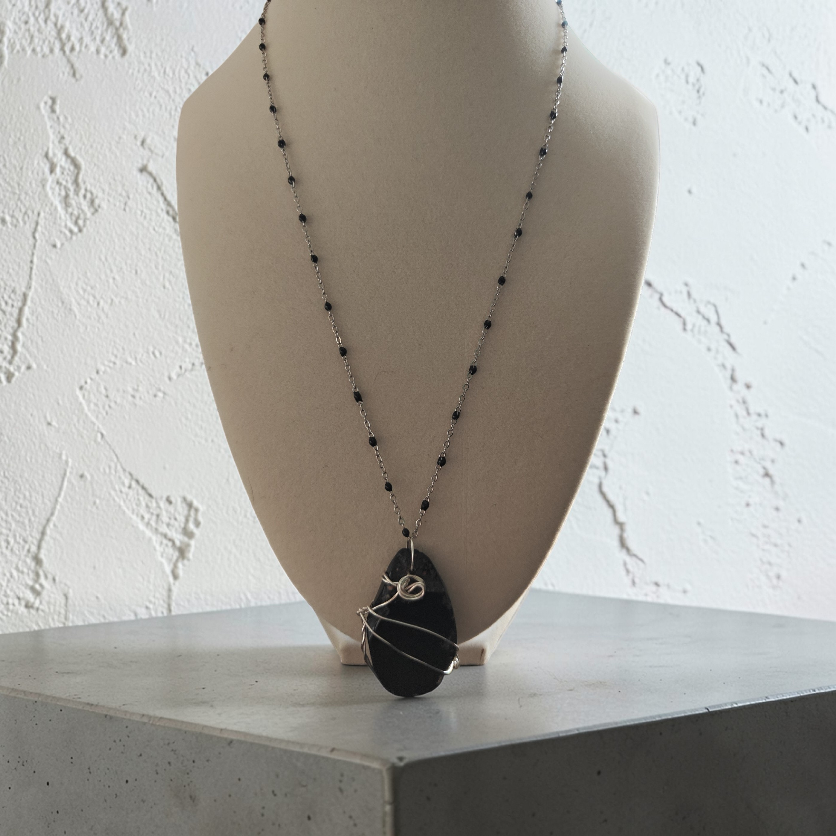 "Iron Pillar" Wire-Wrapped Black Stone Necklace – 18" Black Steel