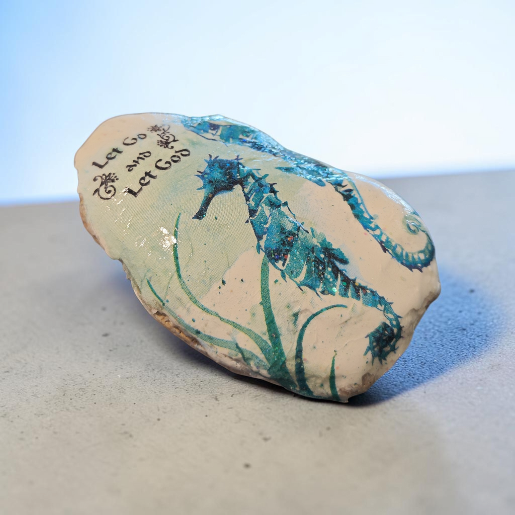 Blue Seahorse "Let Go and Let God" Natural Shell | Coastal Devotional Decor