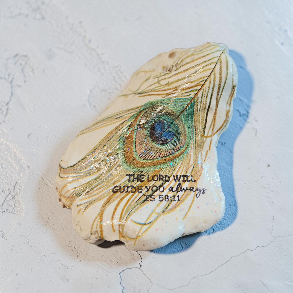 Natural Peacock Feather Scripture Shell – Faith-Based Home Decor