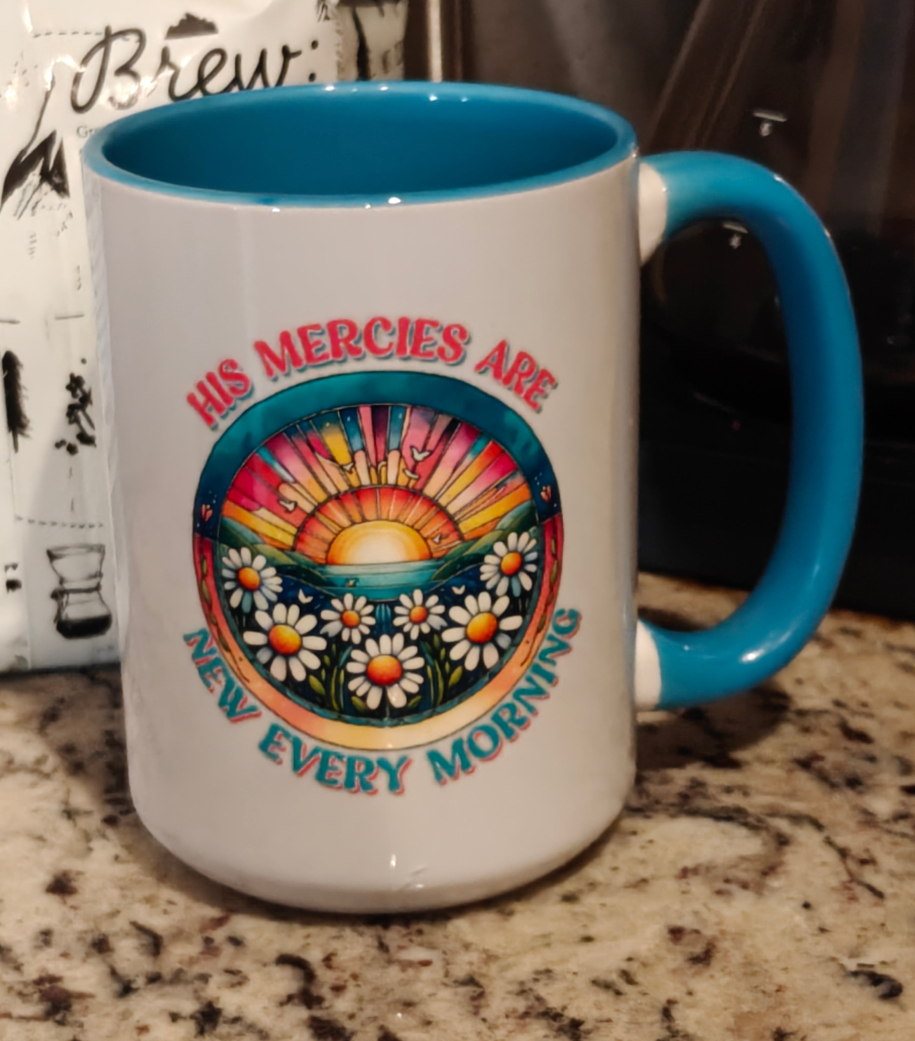 "Morning Mercy" 15oz Daisy Scripture Mug | Electric Blue Handle