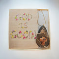 "God is Good" Gold Wire-Wrapped Black & Clear Natural Stone Necklace with Rustic Stone Cross Gift Set