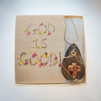 "God is Good" Gold Wire-Wrapped Black & Clear Natural Stone Necklace with Rustic Stone Cross Gift Set