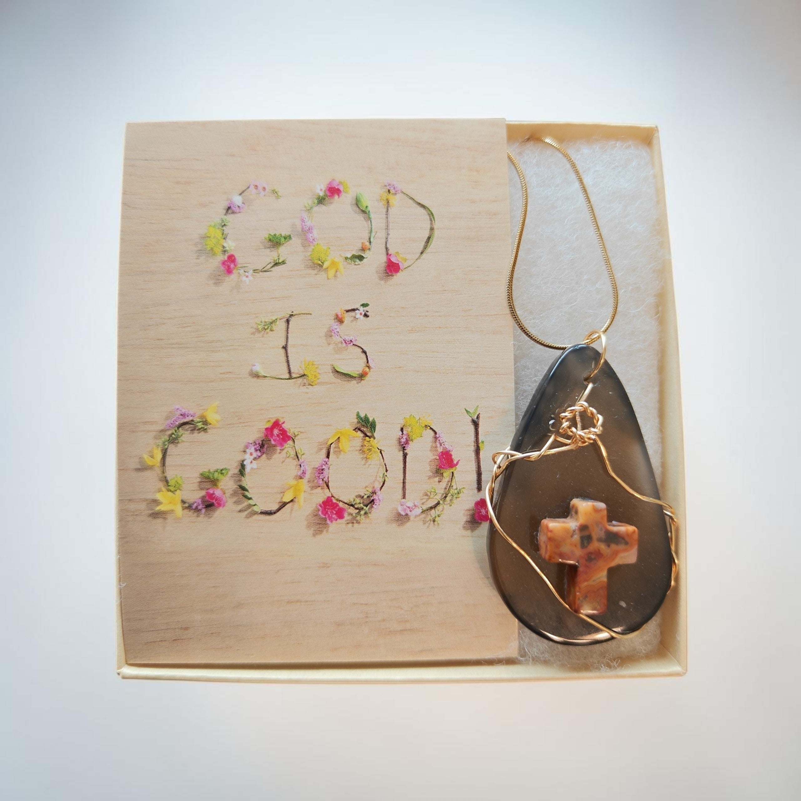 "God is Good" Gold Wire-Wrapped Black & Clear Natural Stone Necklace with Rustic Stone Cross Gift Set