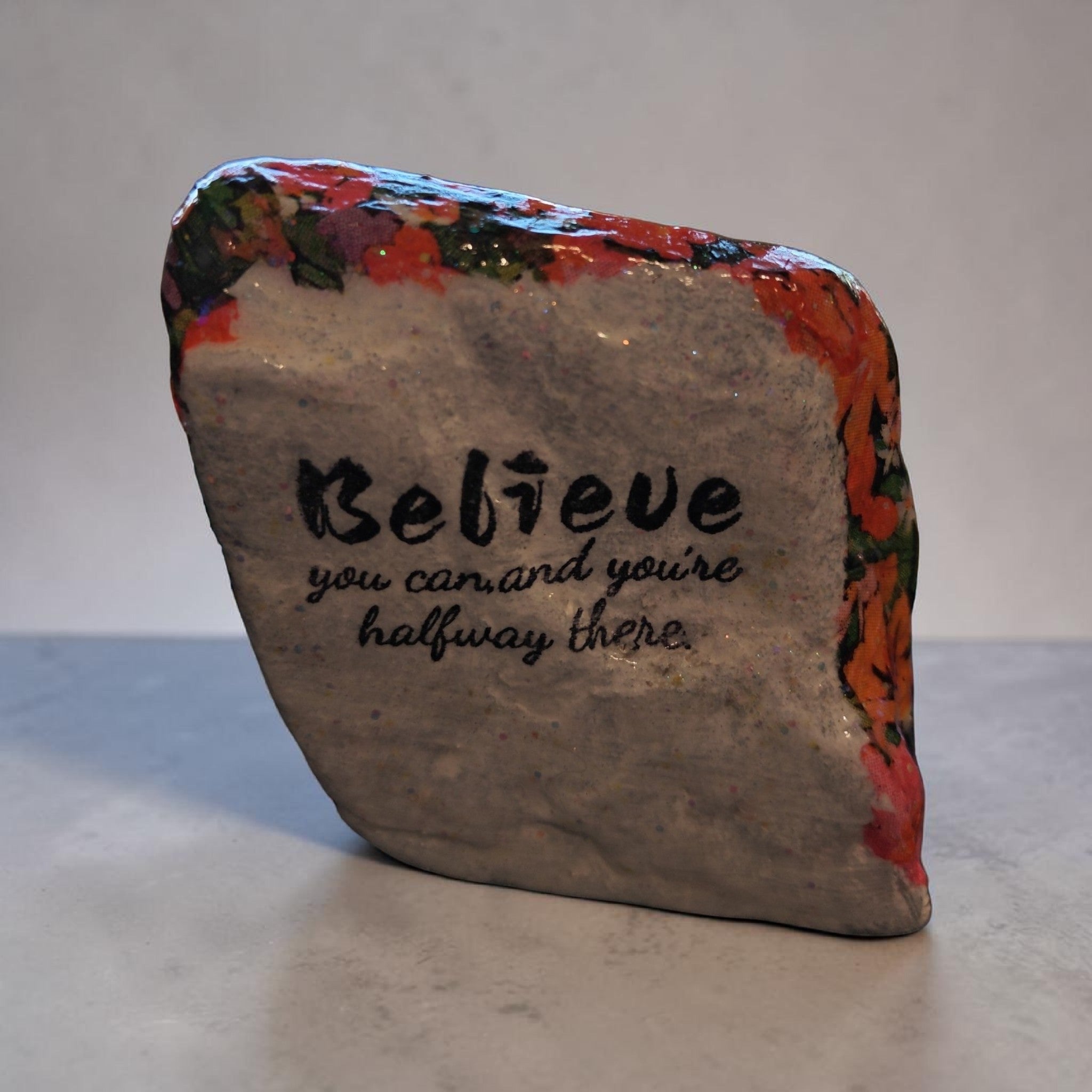 "Believe You Can" Black Cat in Floral Garden Handcrafted Art River Stone