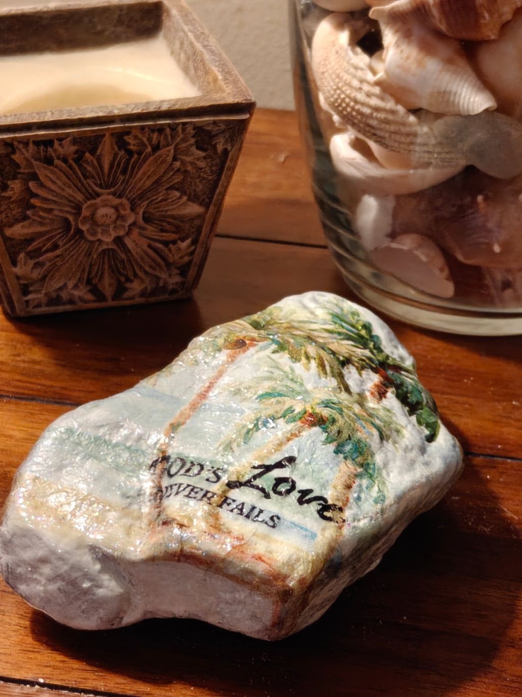 Coastal Faith Decor: "God's Love Never Fails" Decorated Rock