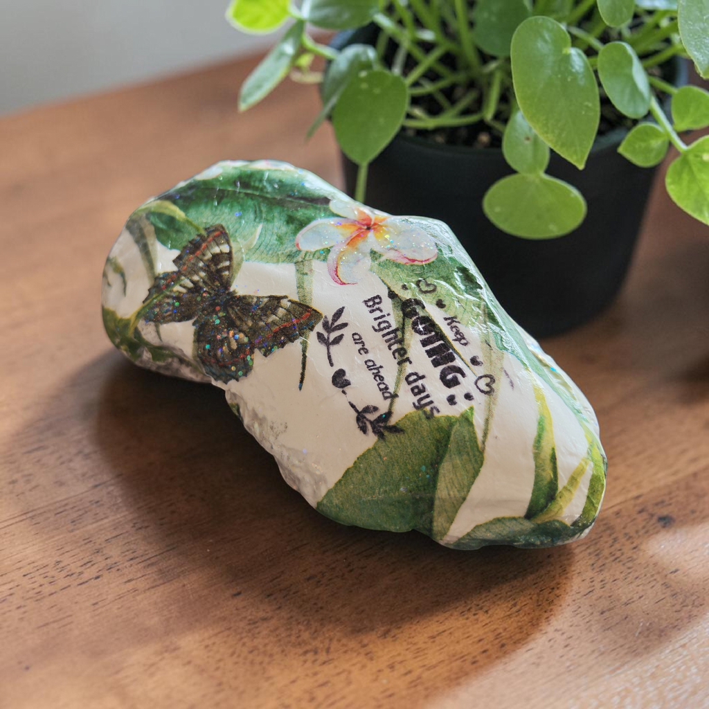 Brighter Days" Butterfly & Floral Hand-Decoupaged Natural Shell