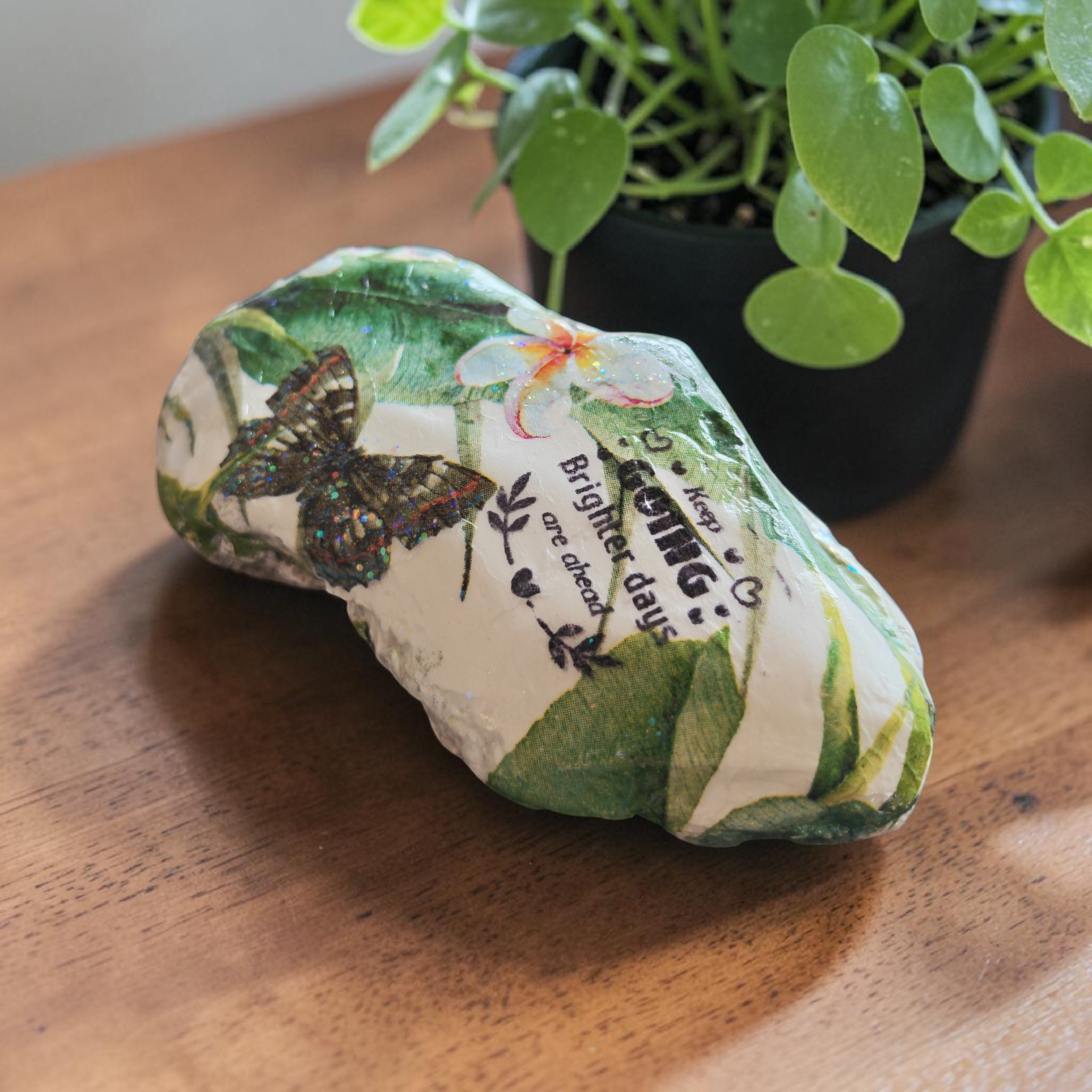 Brighter Days" Butterfly & Floral Hand-Decoupaged Natural Shell