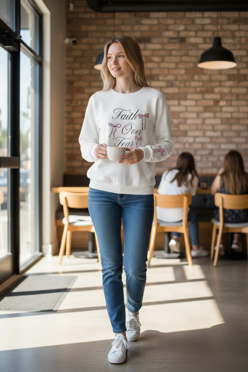 "Faith Over Fear" Women’s White Sweatshirt – Pink Bows & Sleeve Cross – Size Large