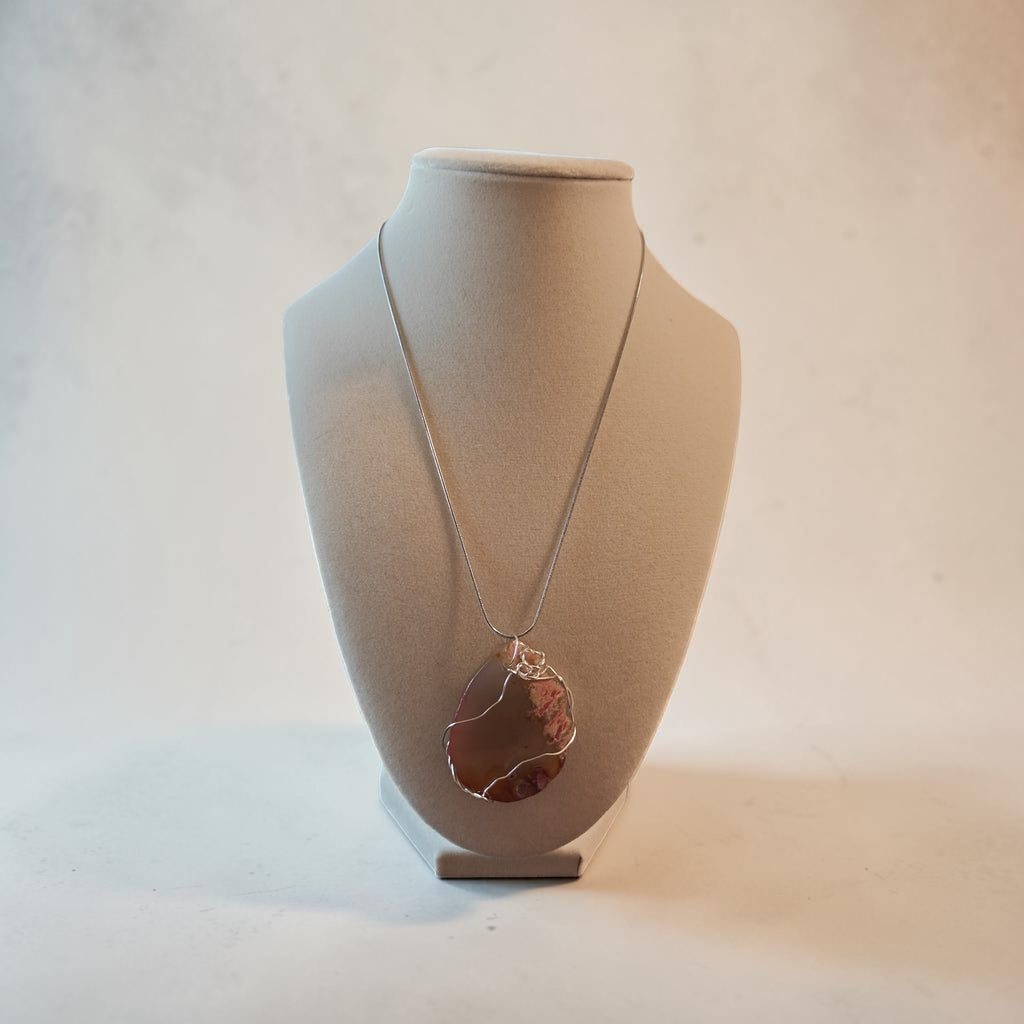 Natural Pink and Orange Stone Pendant, Stainless Steel Wire Wrapped Necklace with 18" Chain, Prayer Card Gift Box