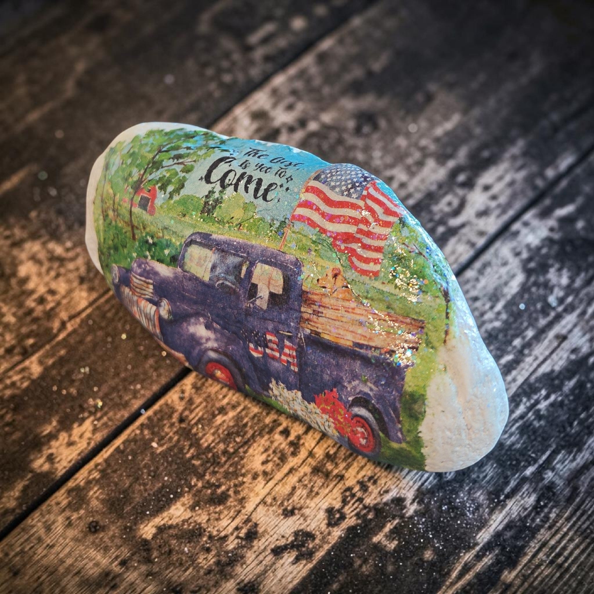 "The Best is Yet to Come" Patriotic Blue Truck Natural River Stone Art