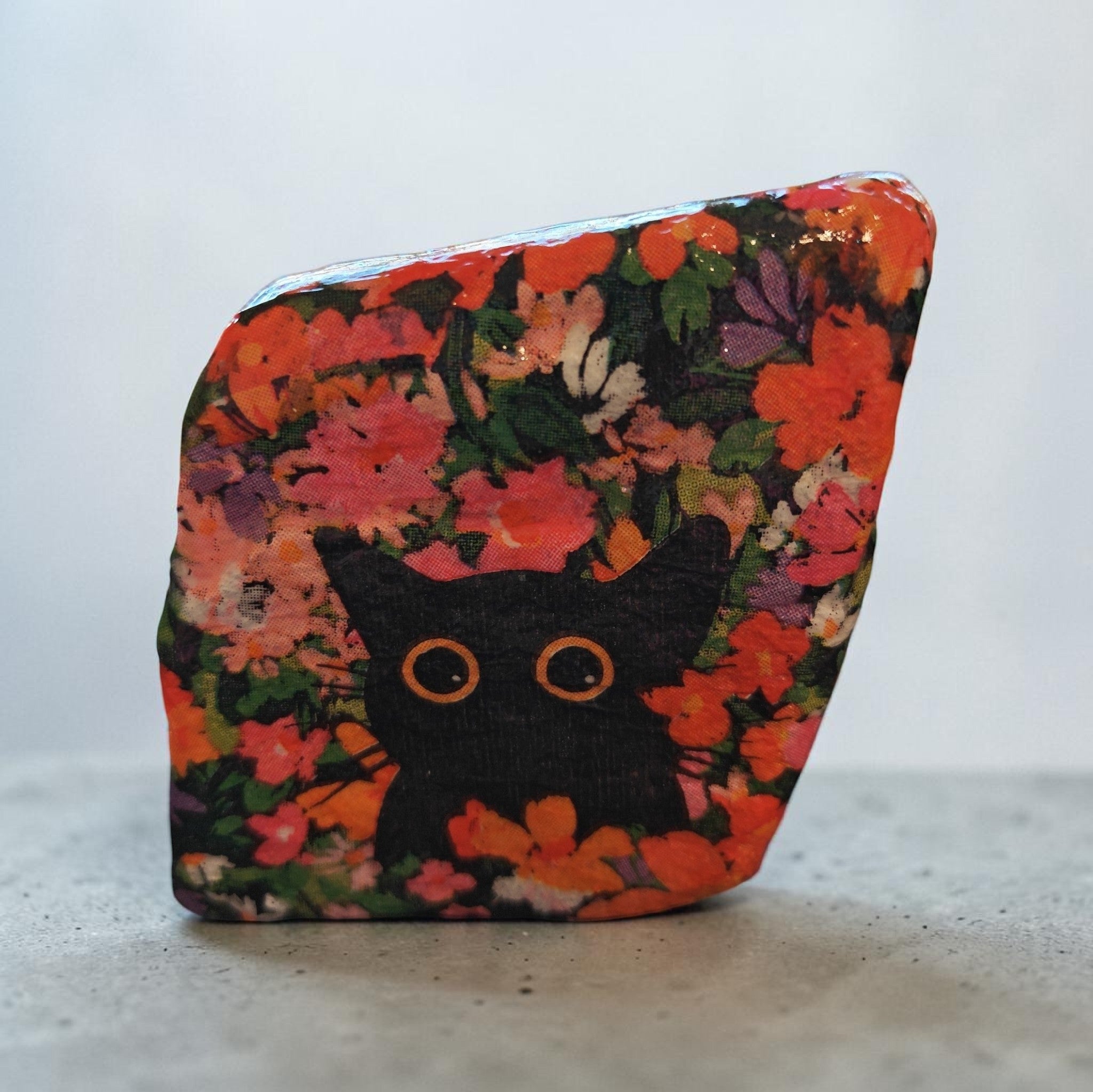 "Believe You Can" Black Cat in Floral Garden Handcrafted Art River Stone