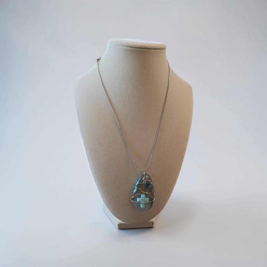 Handcrafted Clear Stone & Turquoise Cross Wire-Wrapped Necklace Gift Set