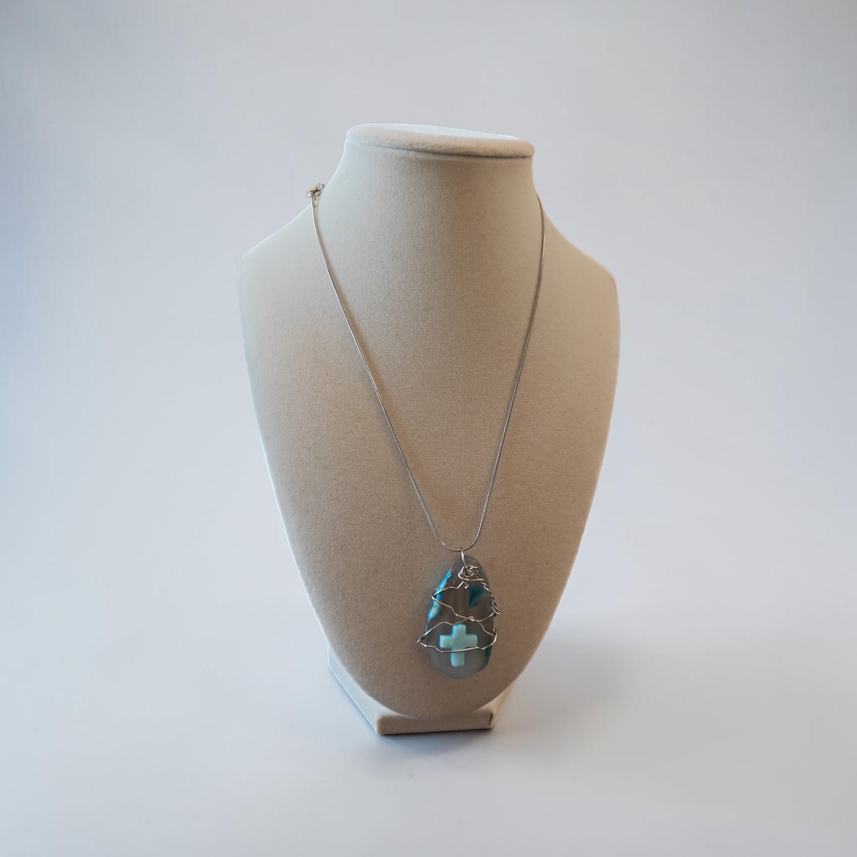 Handcrafted Clear Stone & Turquoise Cross Wire-Wrapped Necklace Gift Set