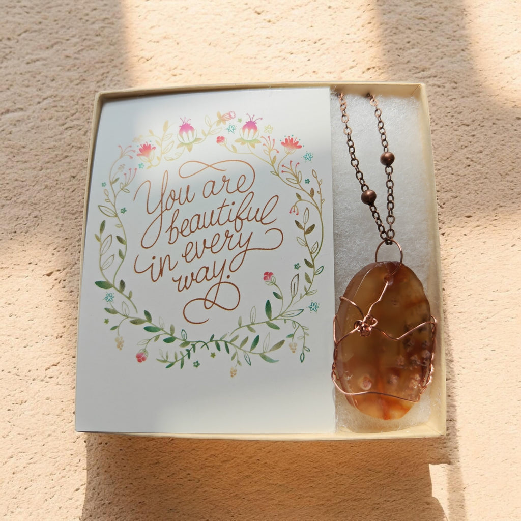 Warm Earth Natural Stone Necklace on 20" Copper Beaded Chain with "You Are Beautiful" Prayer Card