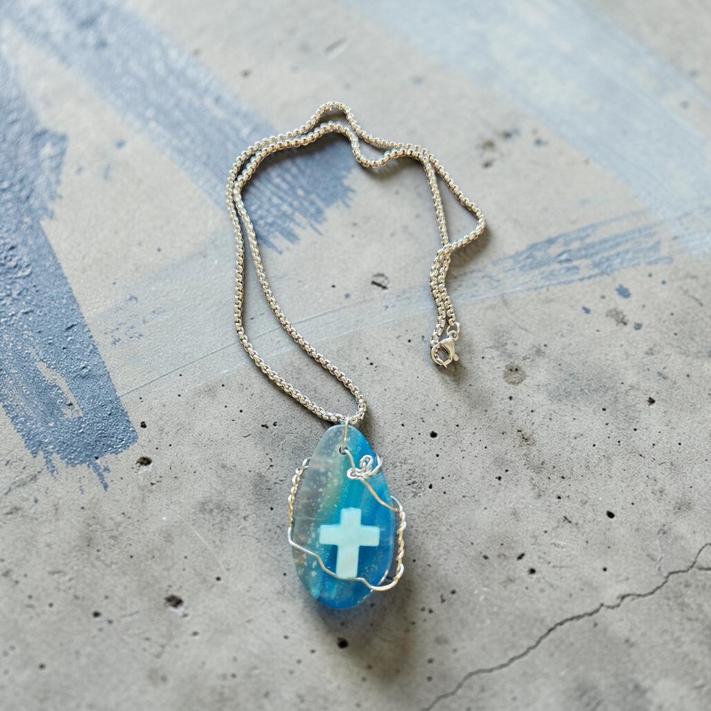 Handcrafted He Who Made The Universe Made You Wire-Wrapped Cross Necklace – Turquoise, Teal, & Light Blue