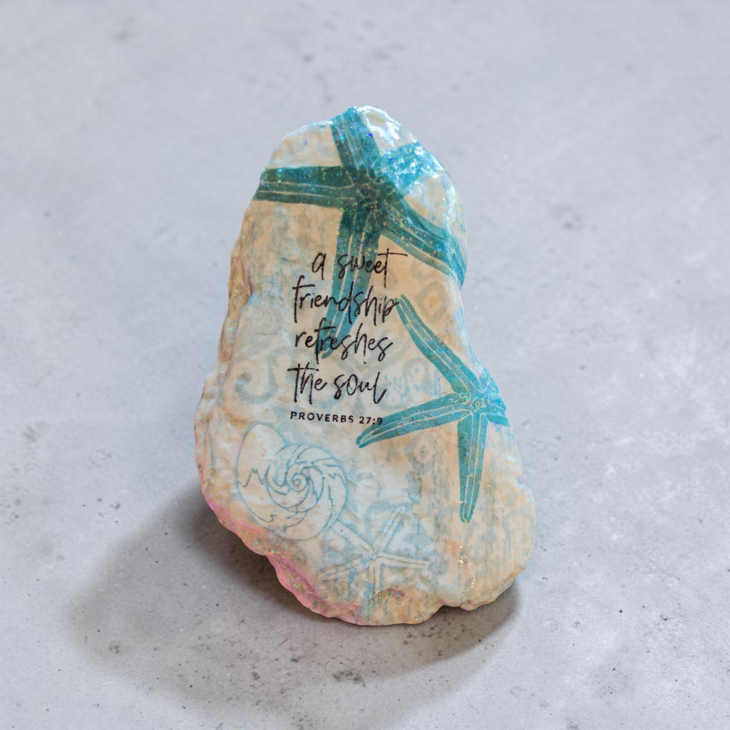 "Sweet Friendship" Turquoise Starfish Decoupage Shell – Faith-Inspired Coastal Decor