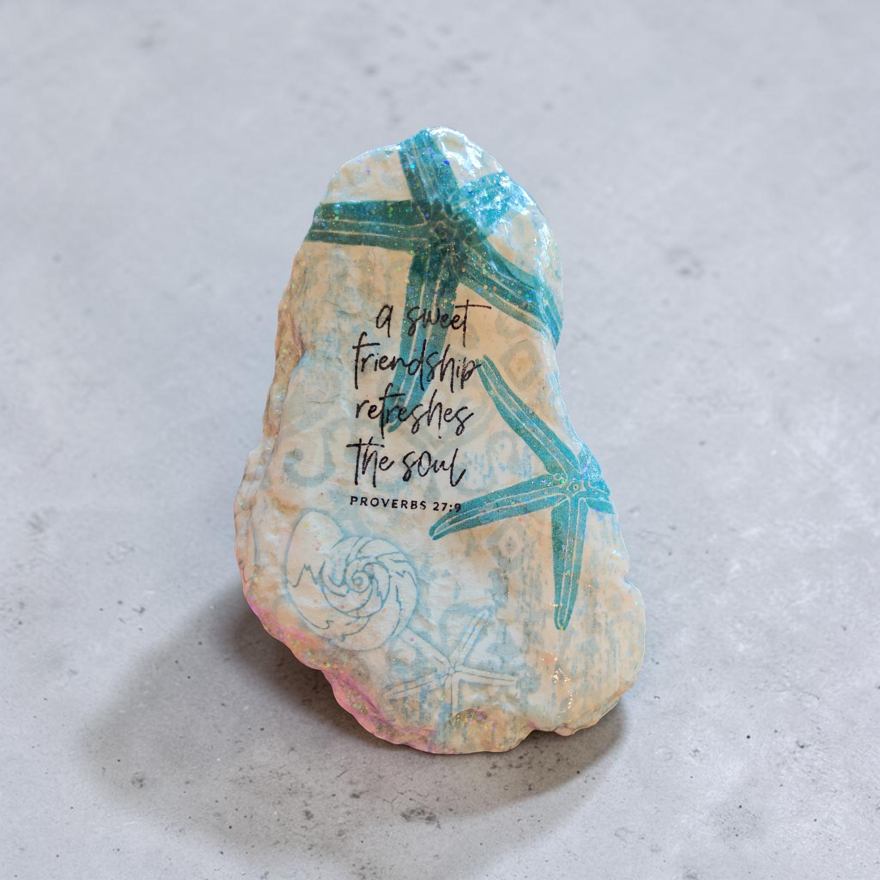 "Sweet Friendship" Turquoise Starfish Decoupage Shell – Faith-Inspired Coastal Decor