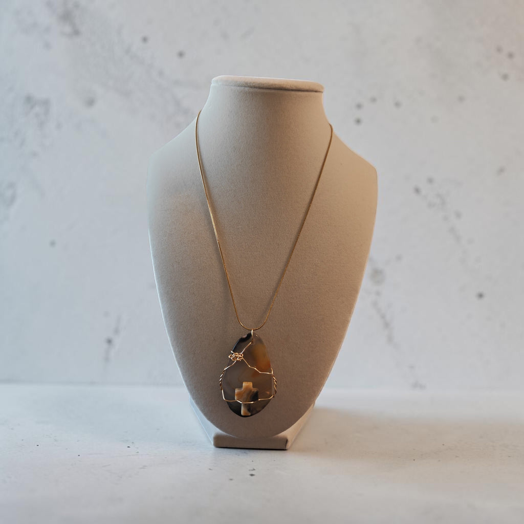 Wire-Wrapped Natural Yellow & Black Swirl Stone Cross Pendant