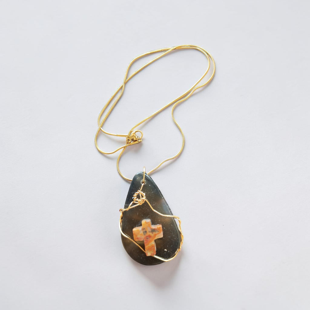 "God is Good" Gold Wire-Wrapped Black & Clear Natural Stone Necklace with Rustic Stone Cross Gift Set