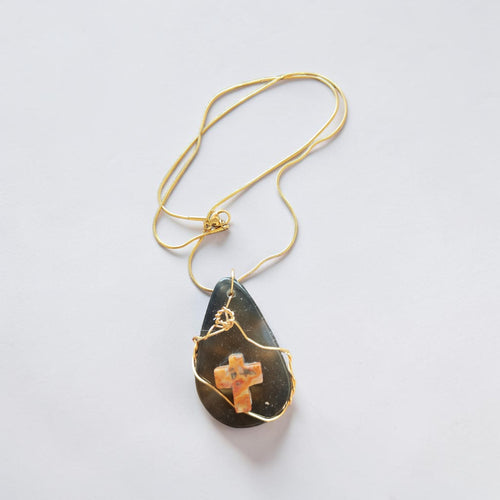 "God is Good" Gold Wire-Wrapped Black & Clear Natural Stone Necklace with Rustic Stone Cross Gift Set