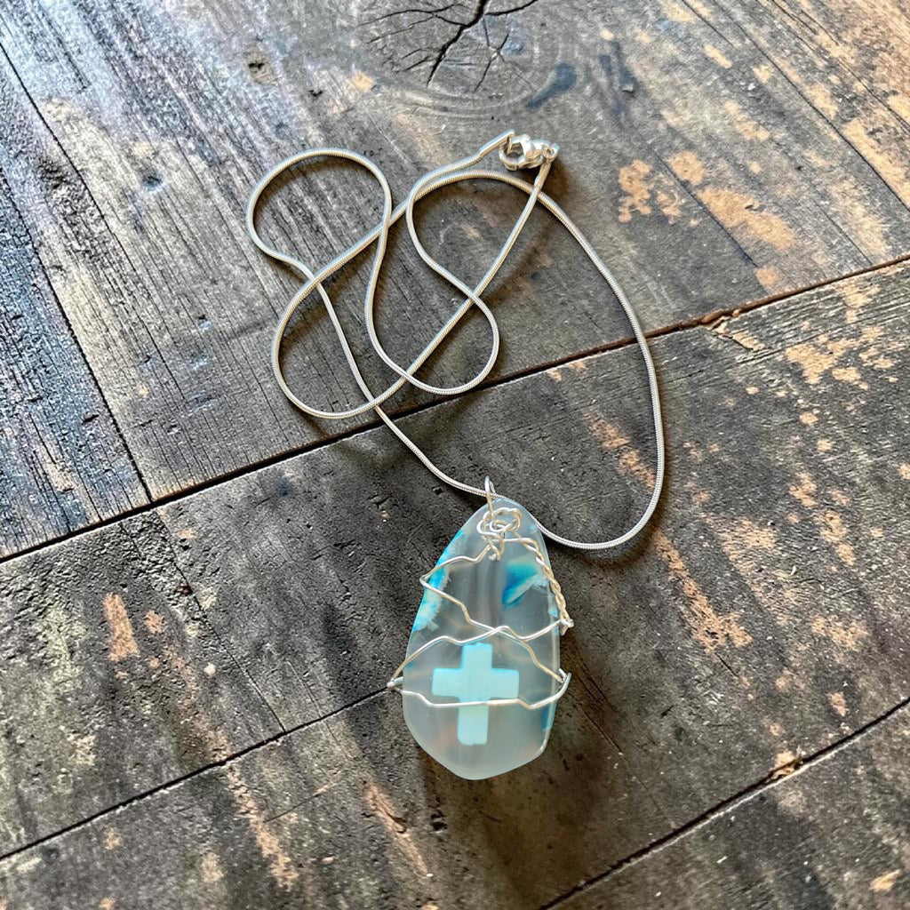 Handcrafted Clear Stone & Turquoise Cross Wire-Wrapped Necklace Gift Set