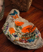God's Love Never Fails" Hand-Decorated White Shell – Orange Floral & Butterfly Decor