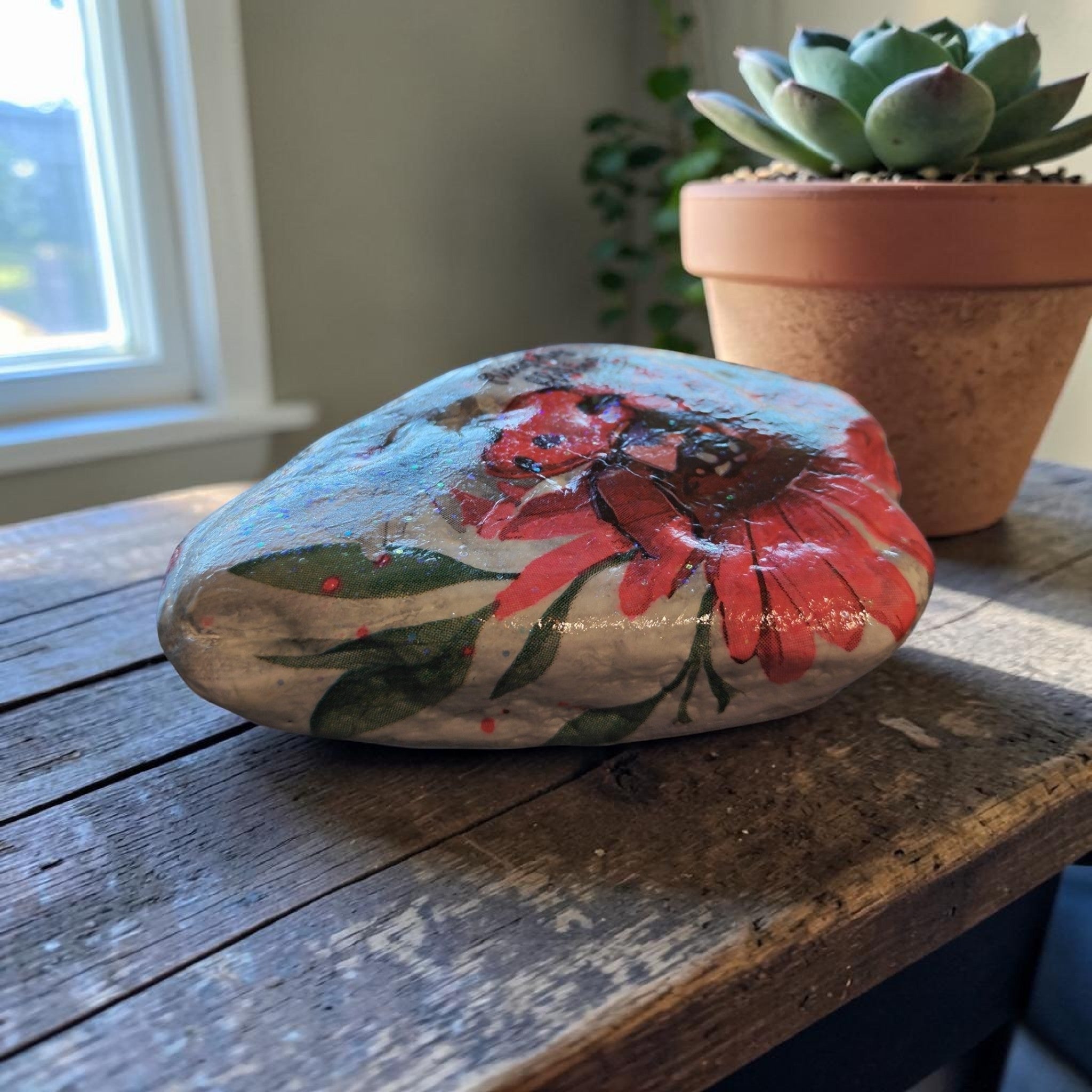 "Your Friendship is a Blessing" Ladybug and Flower Medium River Stone