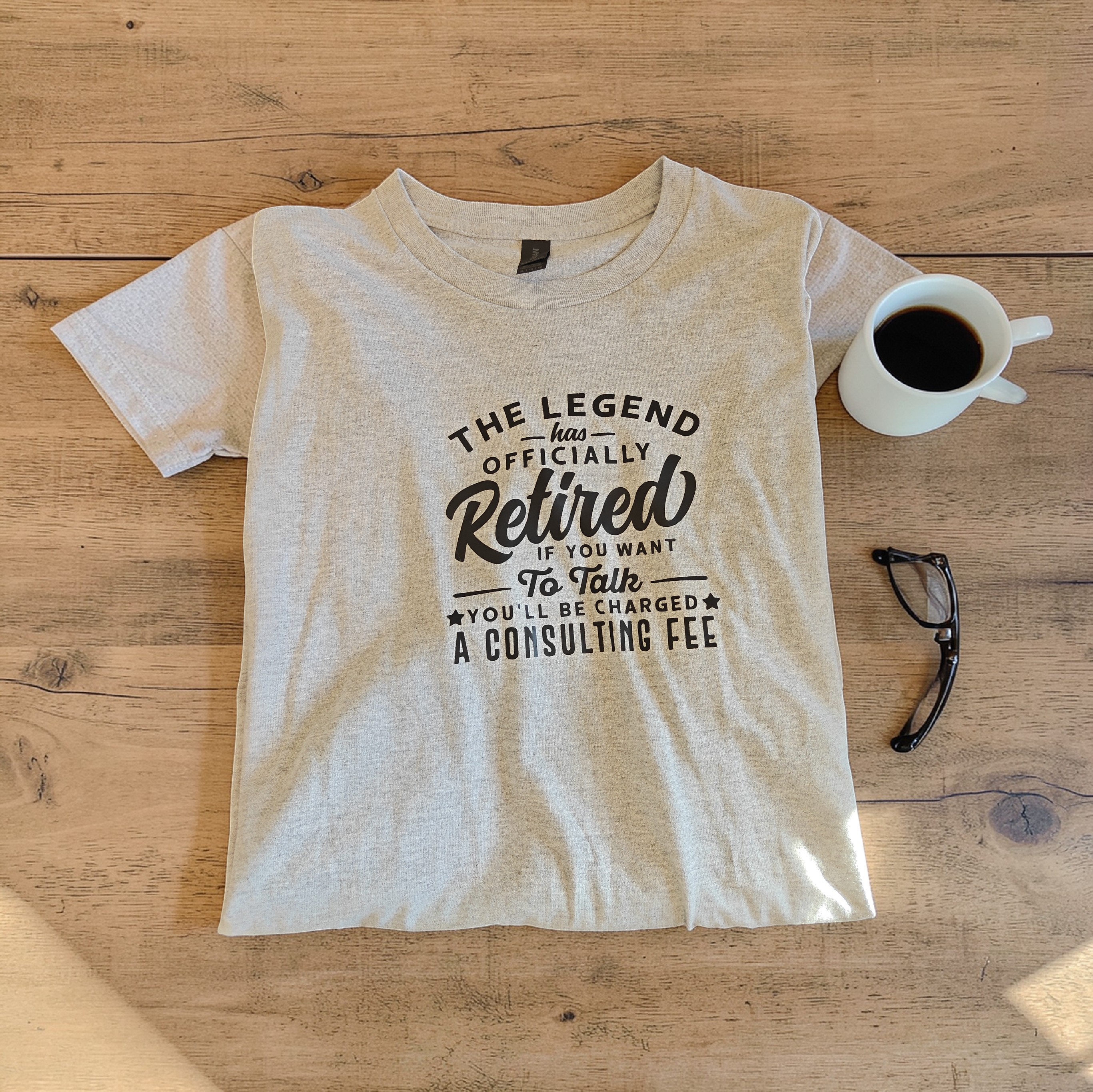 "The Legend Has Retired" Men’s XL Tee – Light Gray 100% Cotton