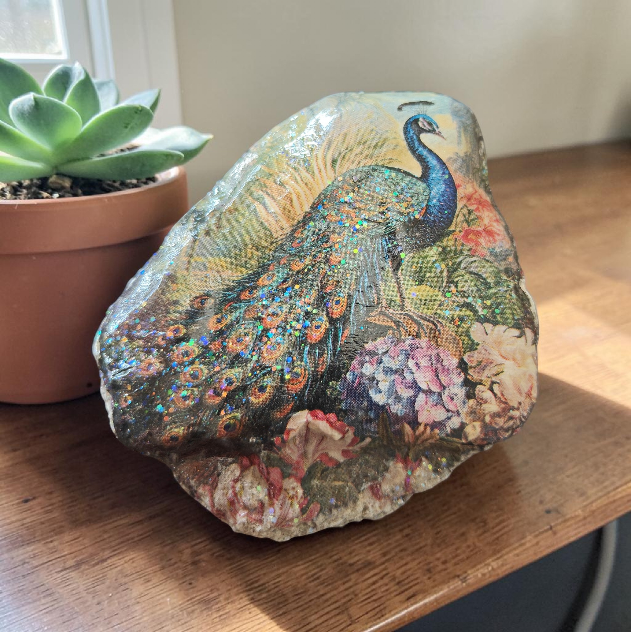 Decoupage Peacock God's Timing is Perfect Shell – Faith-Based Home Decor & Keepsake