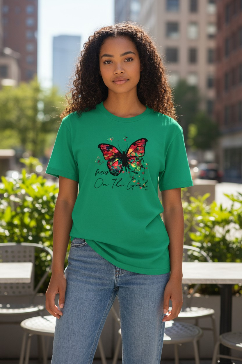 "Focus On The Good" Women’s Butterfly Graphic Tee – 100% Cotton – Size Medium