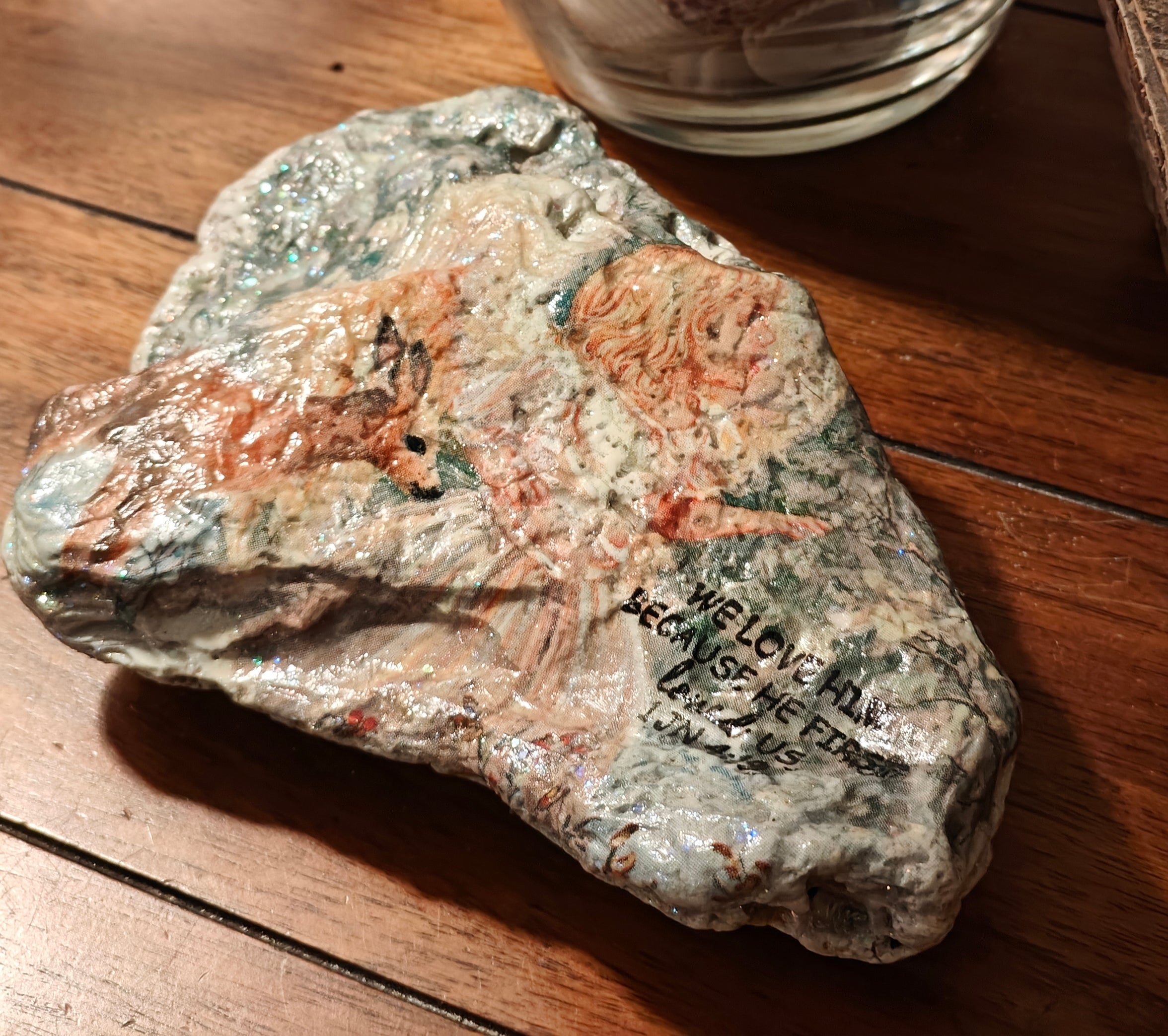 "We Love Because He Loved Us" Hand-Decorated Shell – Angel and Deer Motif – 1 John 4:19