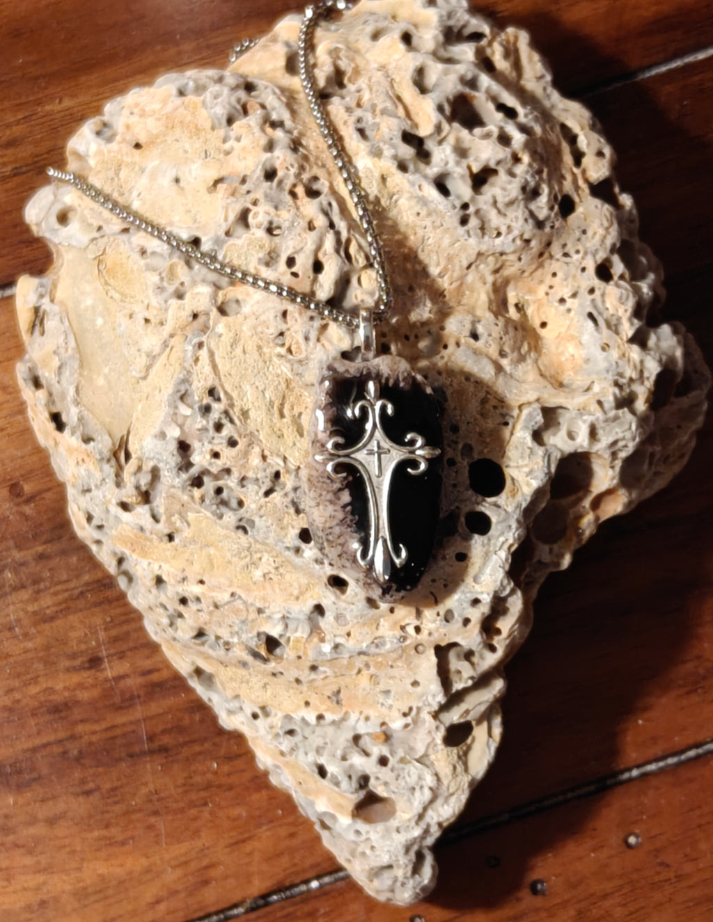The "Stronghold" Cross Necklace – Natural Black & Cream Stone