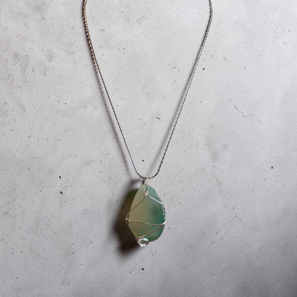 "Still Waters" Marbled Seafoam & White Wire-Wrapped Necklace